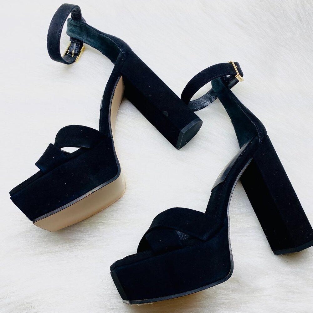 GOOD AMERICAN Suede Square Toe Platform Chunky Heels GA159K-E Black Sz 6  NEW - Picture 3 of 5